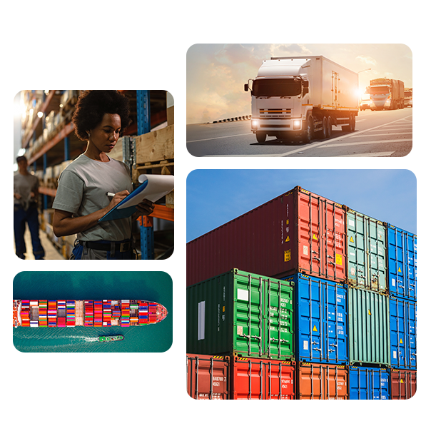 conjunto com 4 imagens representando as atividades de comércio exterior. a primeira imagem é de uma jovem mulher, realizando fiscalizações em um armazem. a segunda imagem é de uma carreta, realizando o transporte rodoviário. A terceira imagem, é de um grande navio transportando muitos containers. A última imagem um empilhamento de containers de carga